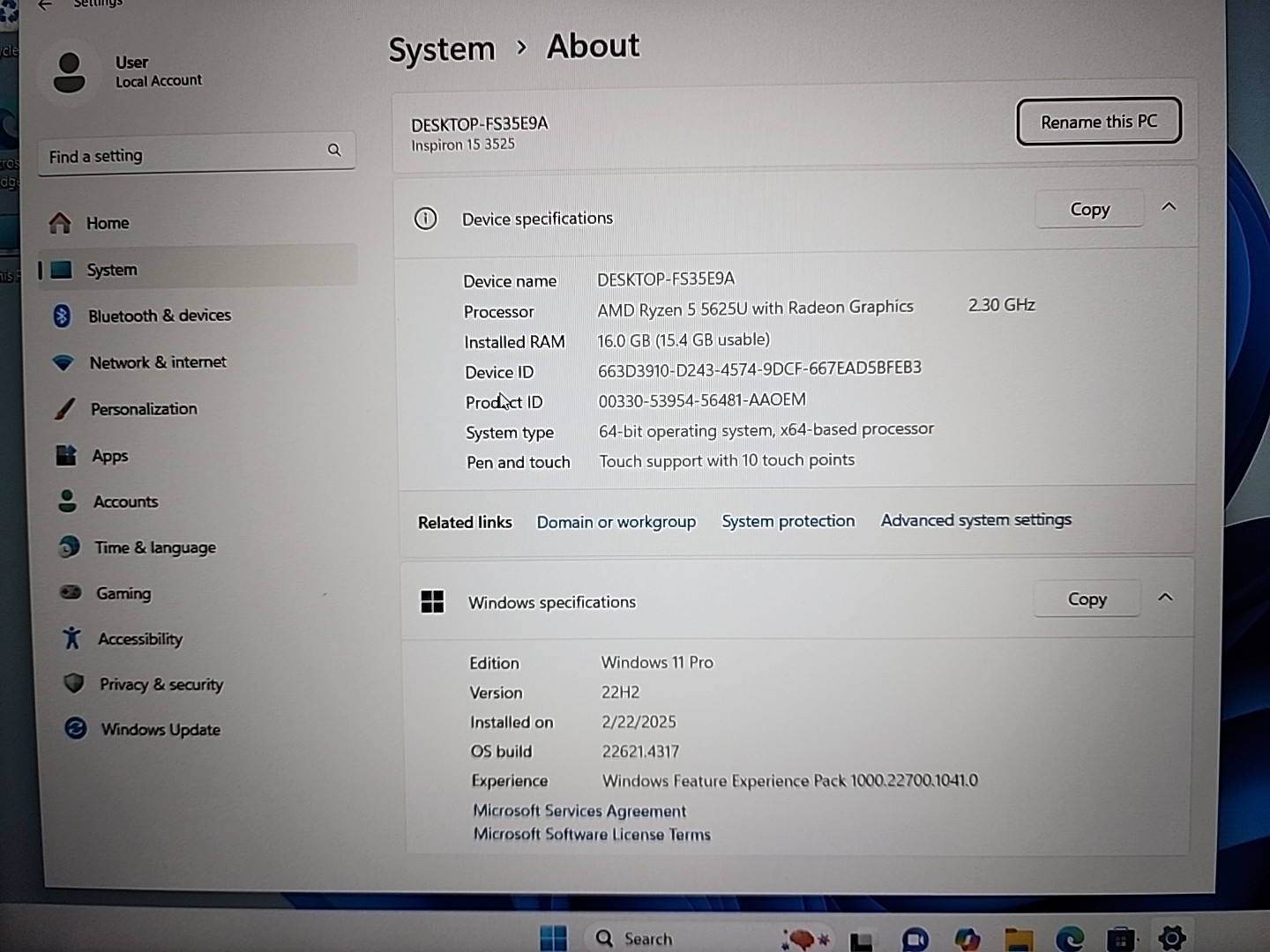 Dell Inspiron 15 3525 15.6in Touchscreen Ryzen 5 5625U 2.3GHz 16GB 512GB WIN11