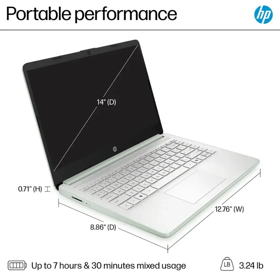 HP Laptop 14 in HD 4 core Intel N150 128GB UFS Up To 16GB DDR4 RAM – open box