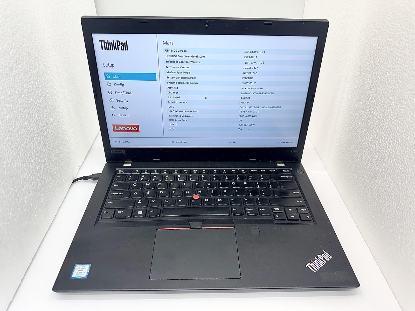 Lenovo ThinkPad L490, Intel Core i5-8265U CPU @ 1.60GHz, 8GB RAM