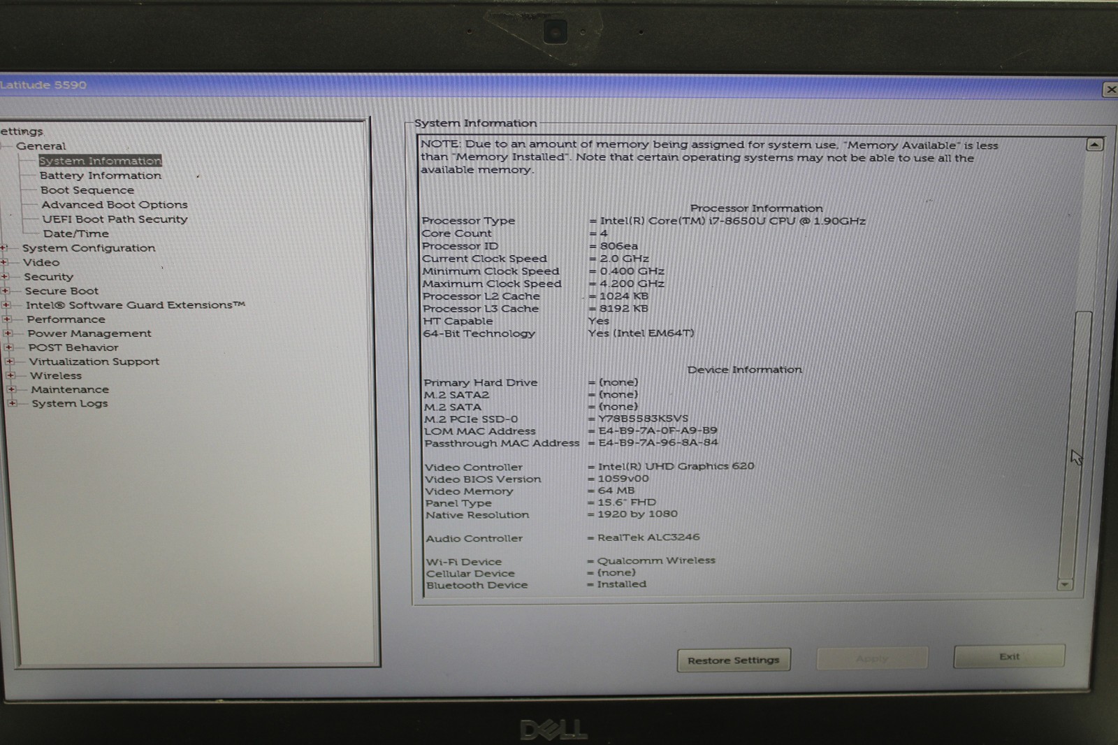 Dell Latitude 5590 _ i7-8650U @ 1.9 GHz _ 16GB RAM _ 256GB SSD _ No OS *READ