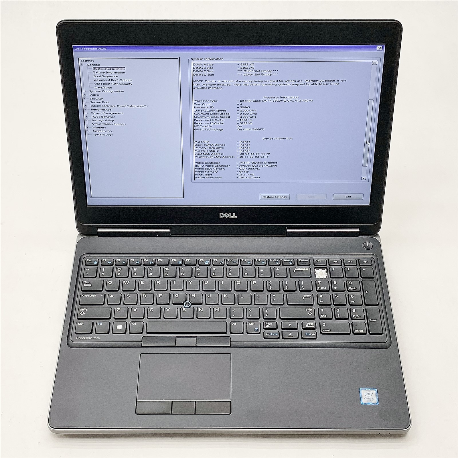 Dell Precision 7520 Laptop Intel Core i7 6820HQ 2.70GHZ 15.6″ FHD 16GB NO HDD
