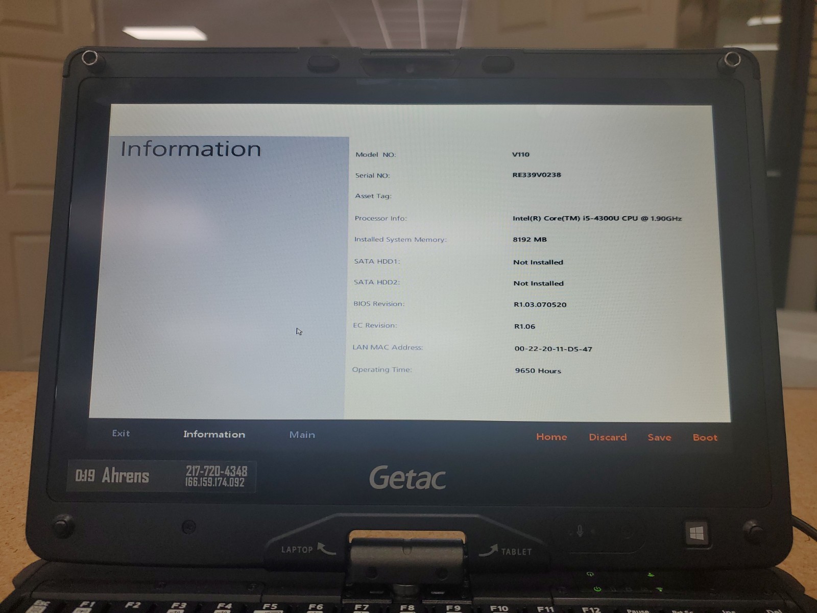 GETAC V110 Laptop Tablet Touch Screen i5-4300U 1.90GHz 8gB No HDD 9650hrs