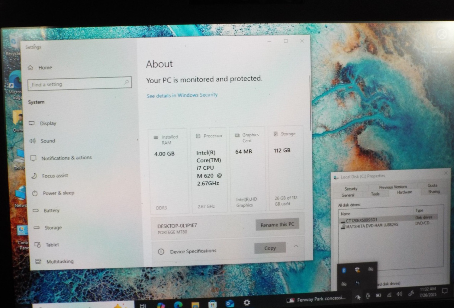 Toshiba Portege M780-S7240 Laptop i7 120GB SSD 4GB RAM WIN 10pro Stylus/Touch