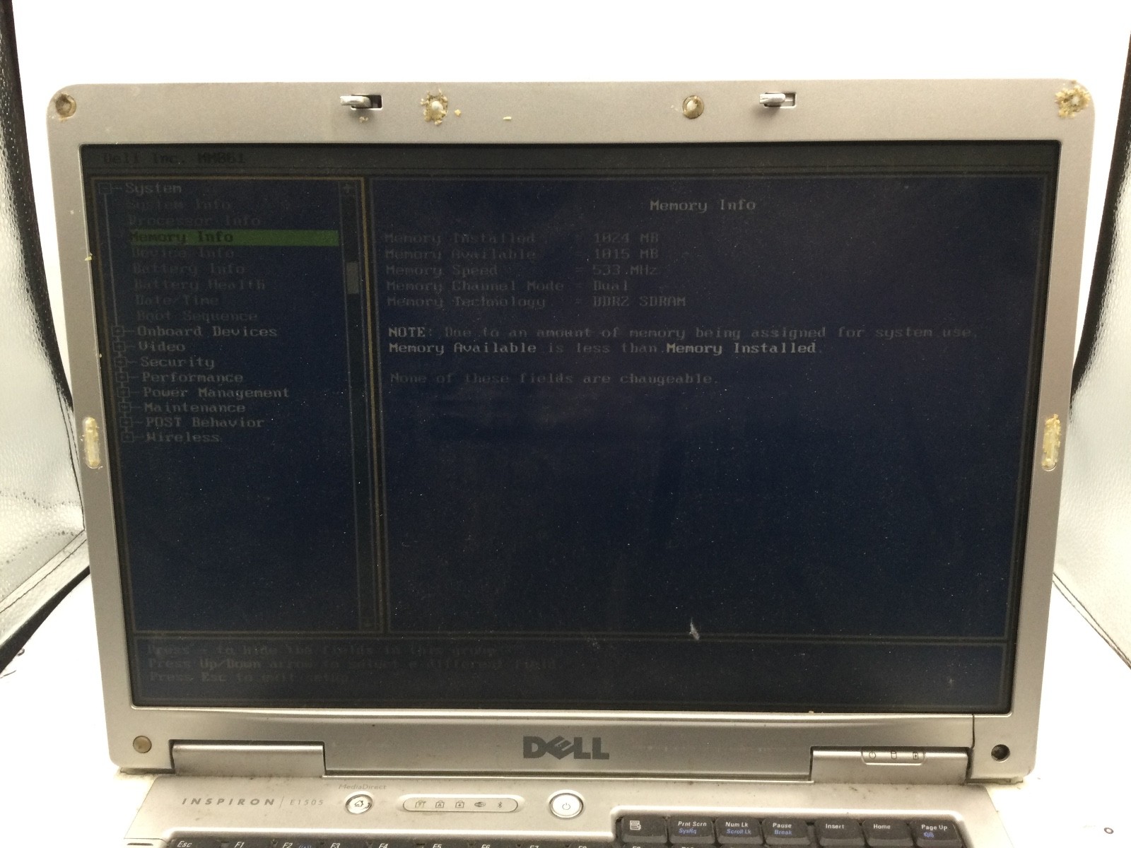 DELL INSPIRON E1505 – BOOTS TO BIOS – INTEL CORE SOLO – 1GB RAM -READ DESCRIP-BB