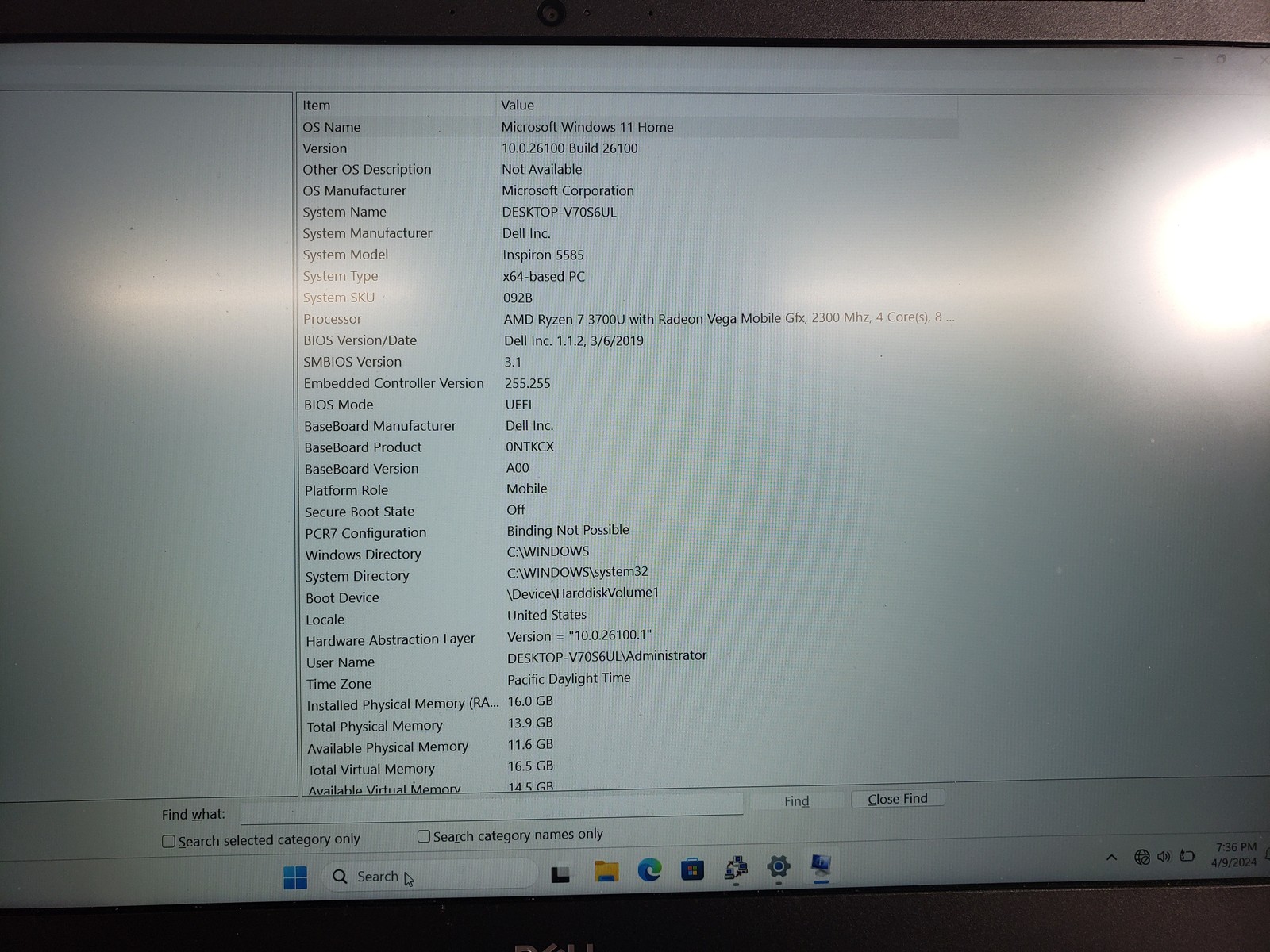 Dell Inspiron 5585 Ryzen 7 3700U 16GB RAM 256GB NVME SSD 15.6″ Win11H