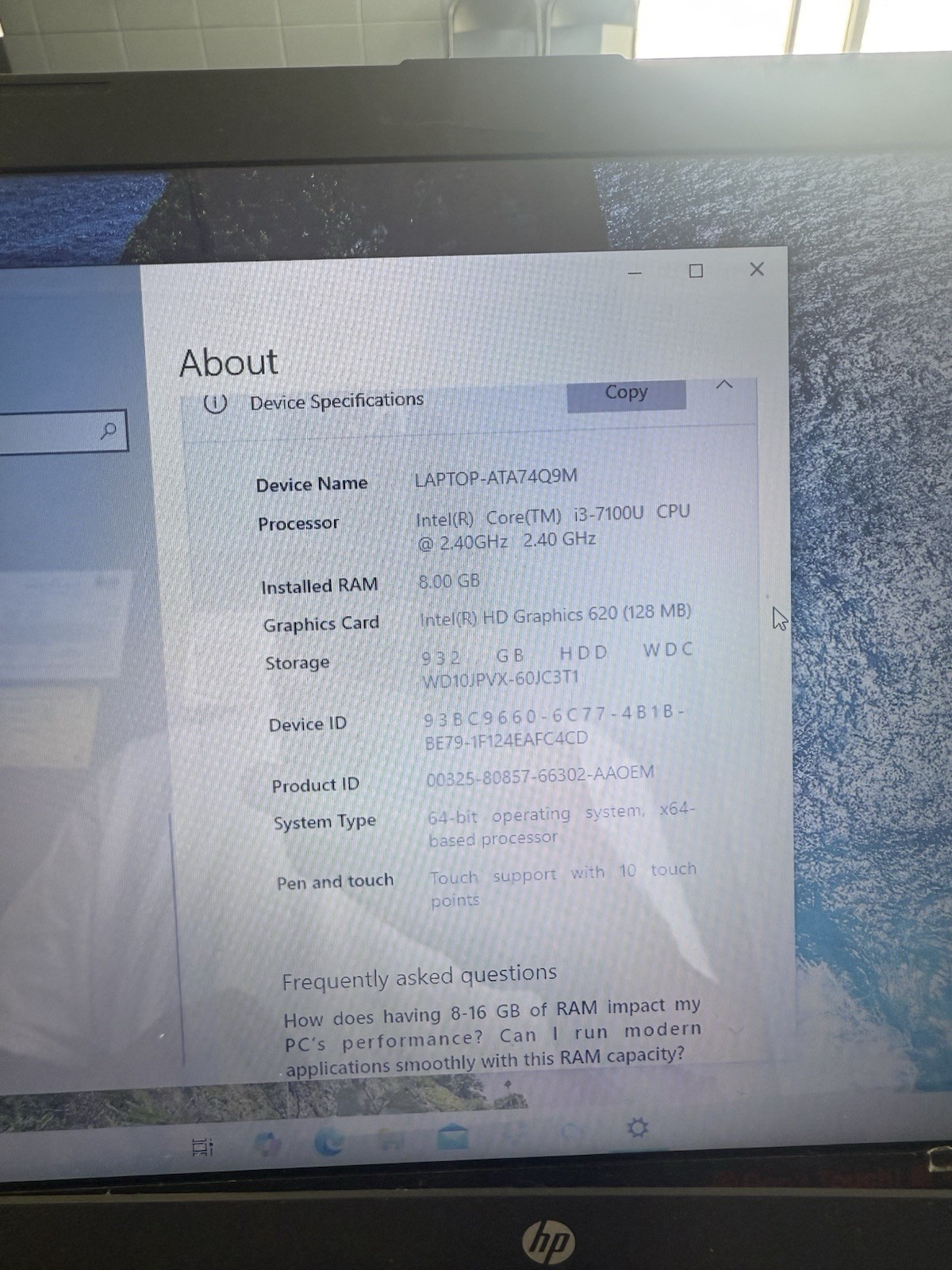 HP 15-bs060wm Core i3 Processor 8GB RAM 1 TB 2.4ghz Windows 10 Parts Or Repair