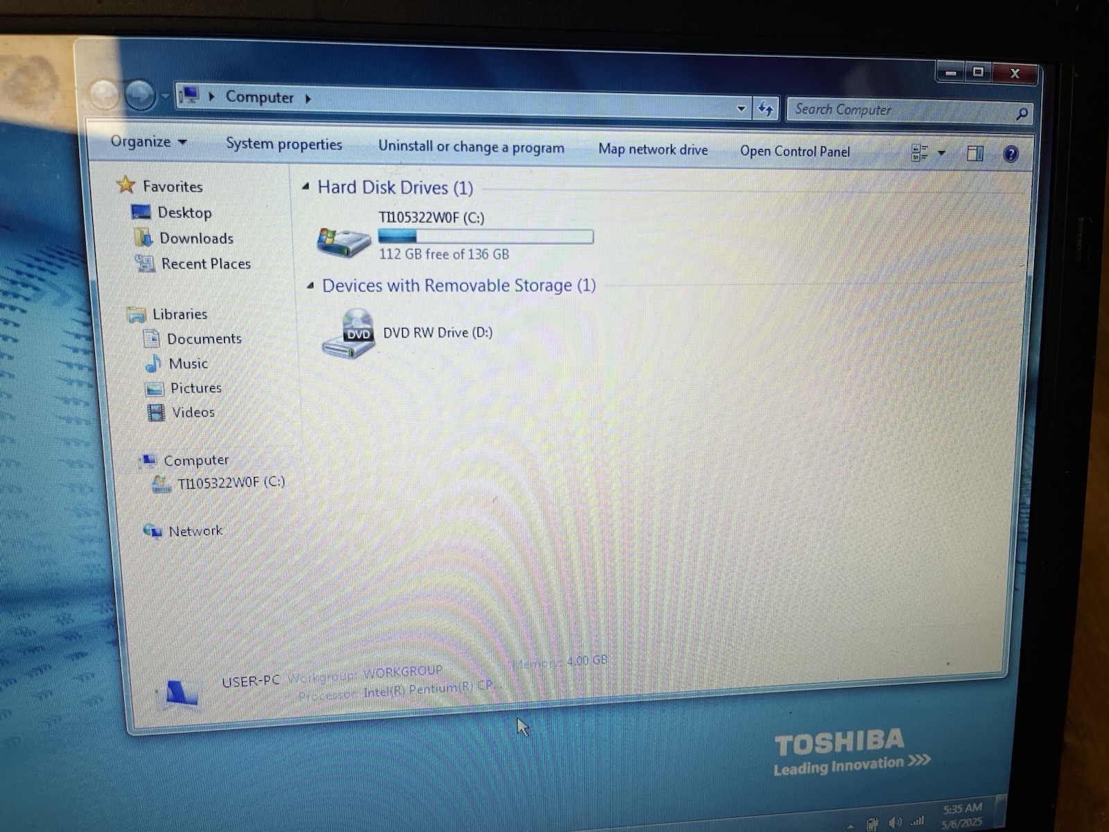 #120 Toshiba C655 Intel PENTIUM B960@ 2.2ghz 4GB RAM 160gb HDD WINDOWS 7 HOME