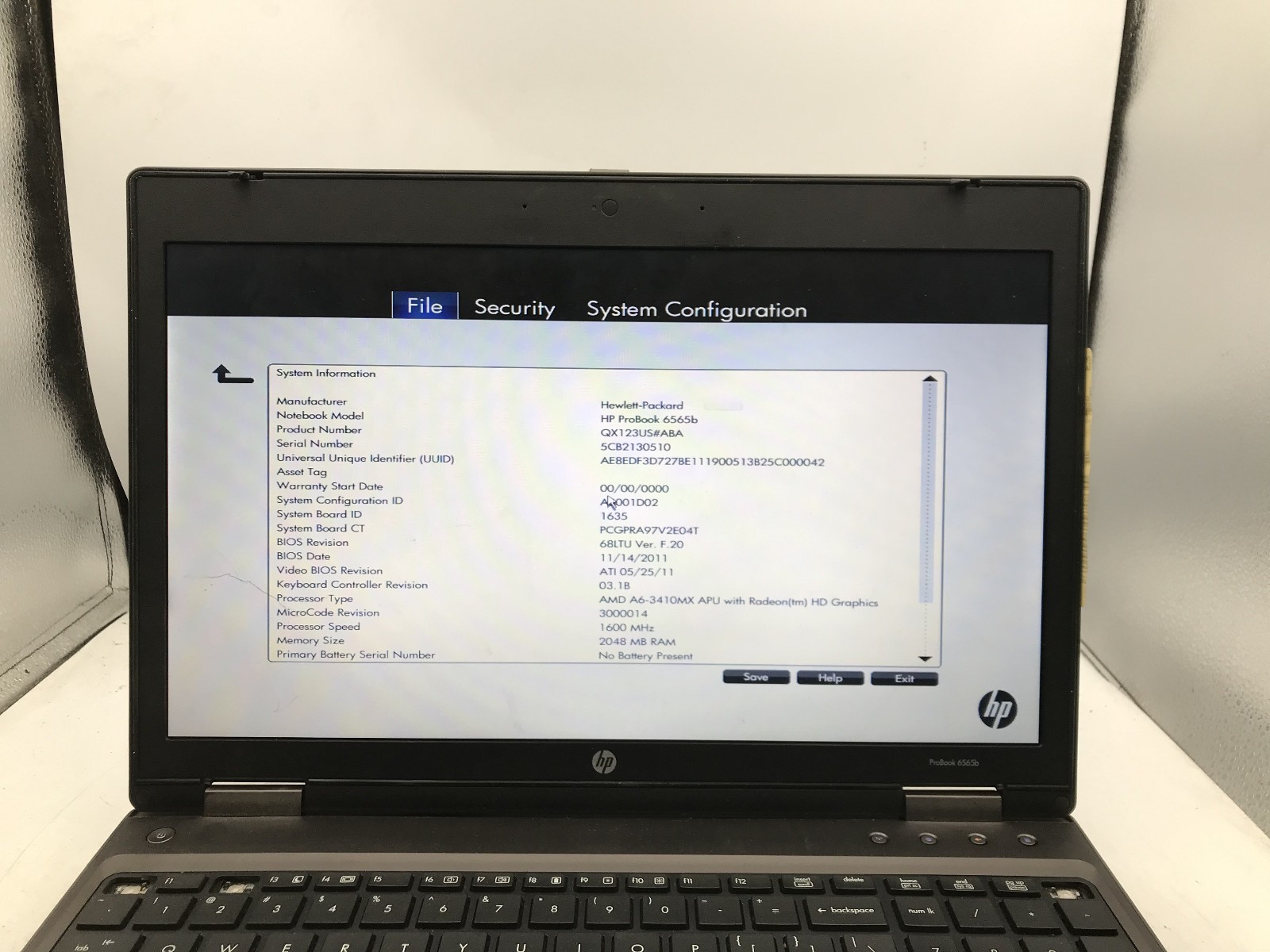 HP PROBOOK 6565B – BOOTS TO BIOS – AMD A6 3410MX – 2GB RAM – NO OS -READ DESC-BB