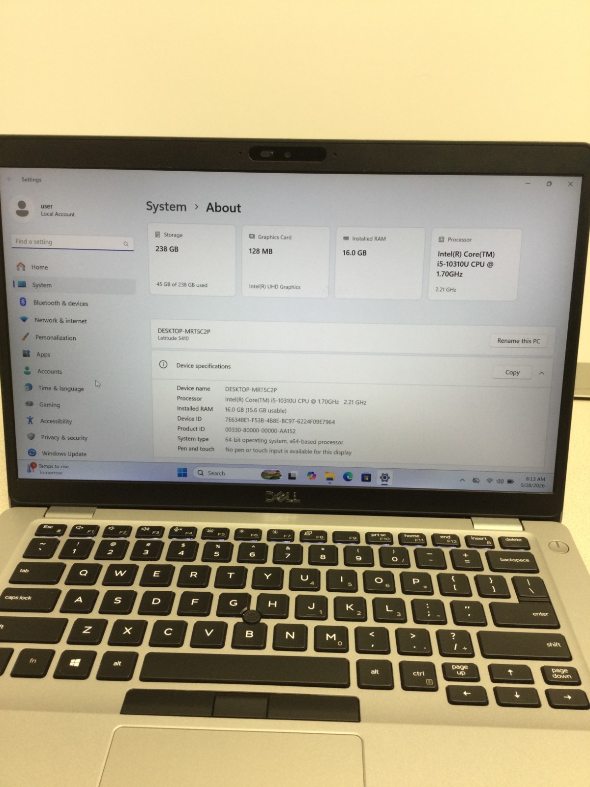 Dell Latitude 5410 14″ (256GB SSD ,Core i5-10310U, 1.70GHz, 16GB) !BAD BATTERY!