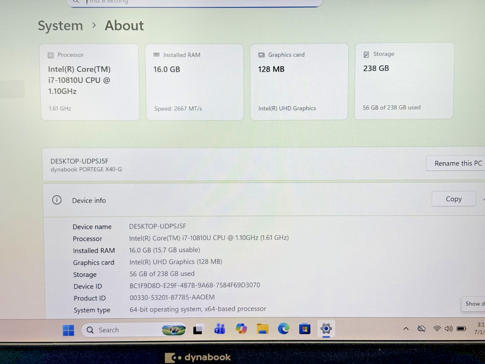 Toshiba DynaBook Intel i7-10th Gen 1.10GHz 16GB RAM 256GB SSD Win 11 Pro B.L.*