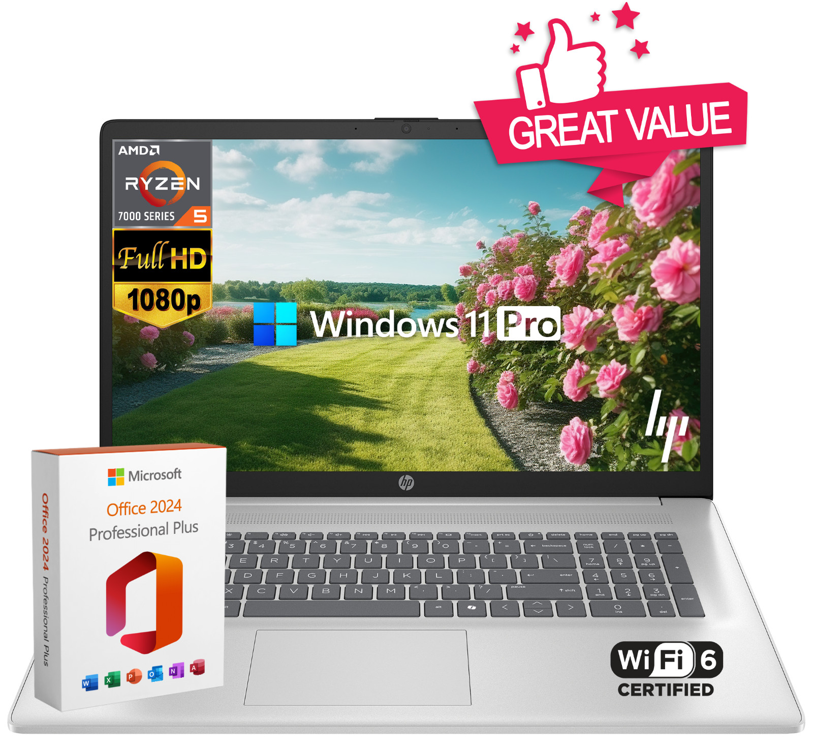 HP 17.3″ FHD Laptop Computer Ryzen 5 Upto 4.3GHz, 12GB RAM 256GB SSD, Win 1 1Pro