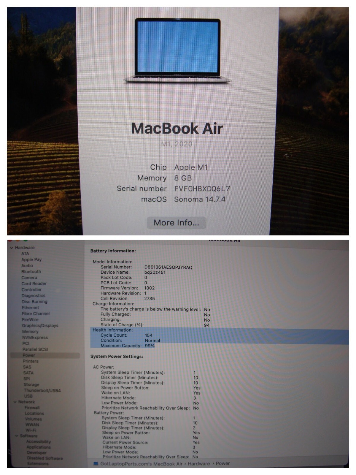 Apple MacBook Air A2337 13.3″ M1 (2020) 8CPU/7GPU 8GB 256GB OS Sonoma +Charger