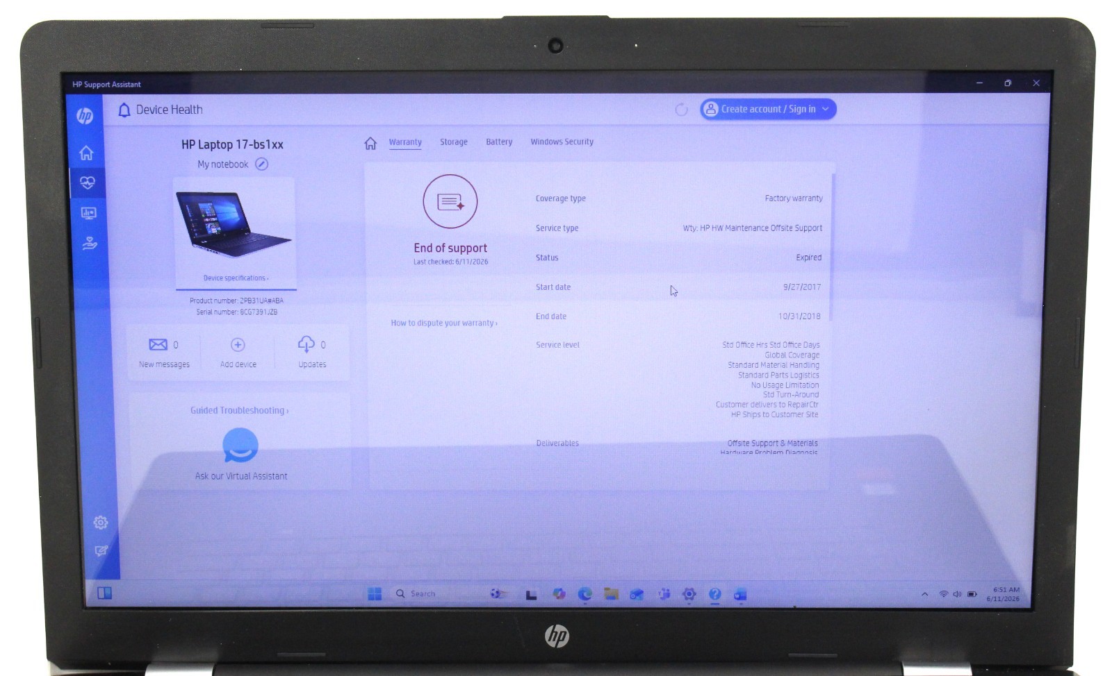 HP Notebook 17″ 17-bs153cl 256GB SSD 12GB RAM Win 11 1.6GHz i5-8250U; 563582