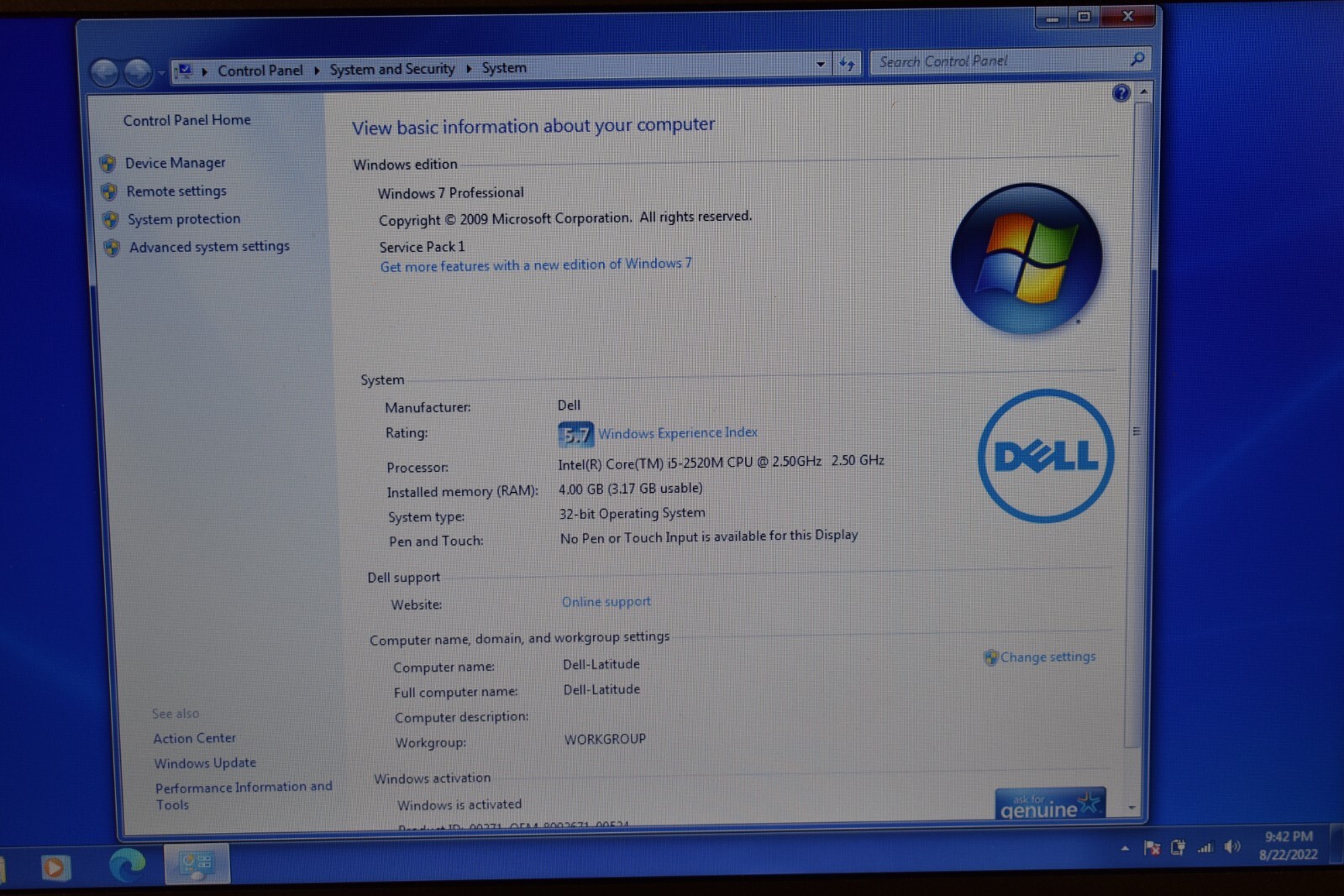 Dell Latitude E6520 Intel Core i5-2520 4GB RAM 512GB SSD Windows 7 Pro 32-bit