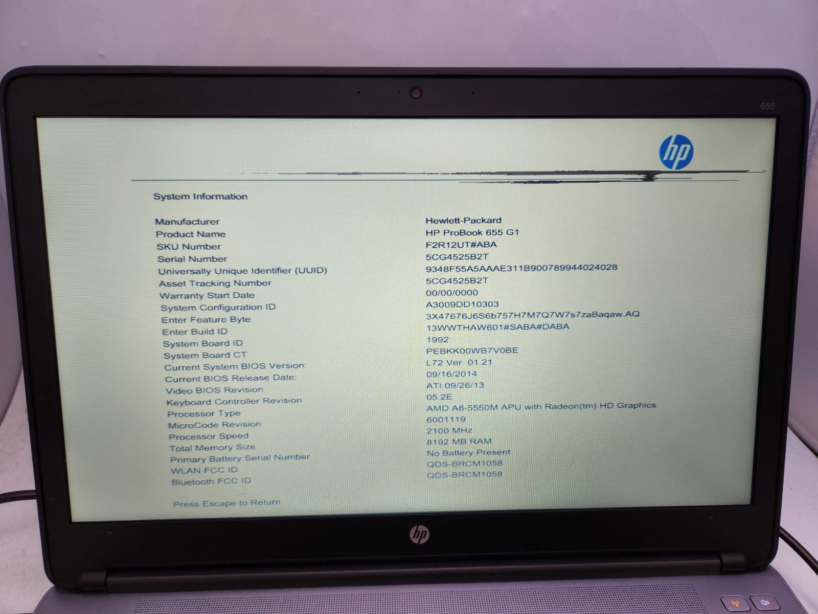 HP ProBook 655 G1 AMD A8-5550M APU 8GB RAM NO HDD NO OS, READ DESCRIPTION!