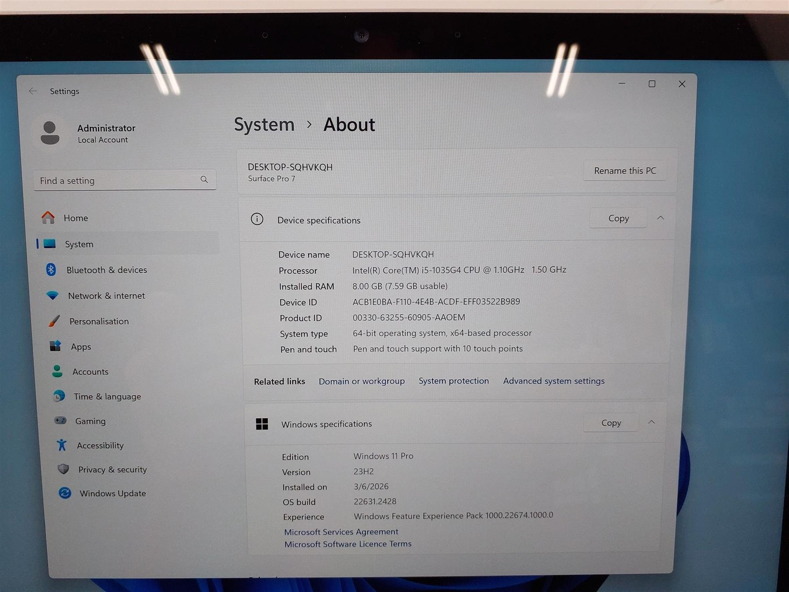 Microsoft Surface Pro 7 Core i5-1035G4 @1.10Ghz 8GB RAM 128GB SSD
