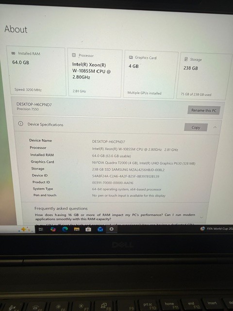 Dell Precision 7550 Xeon W-10855M 256GB SSD 64GB RAM (No Charger Included)
