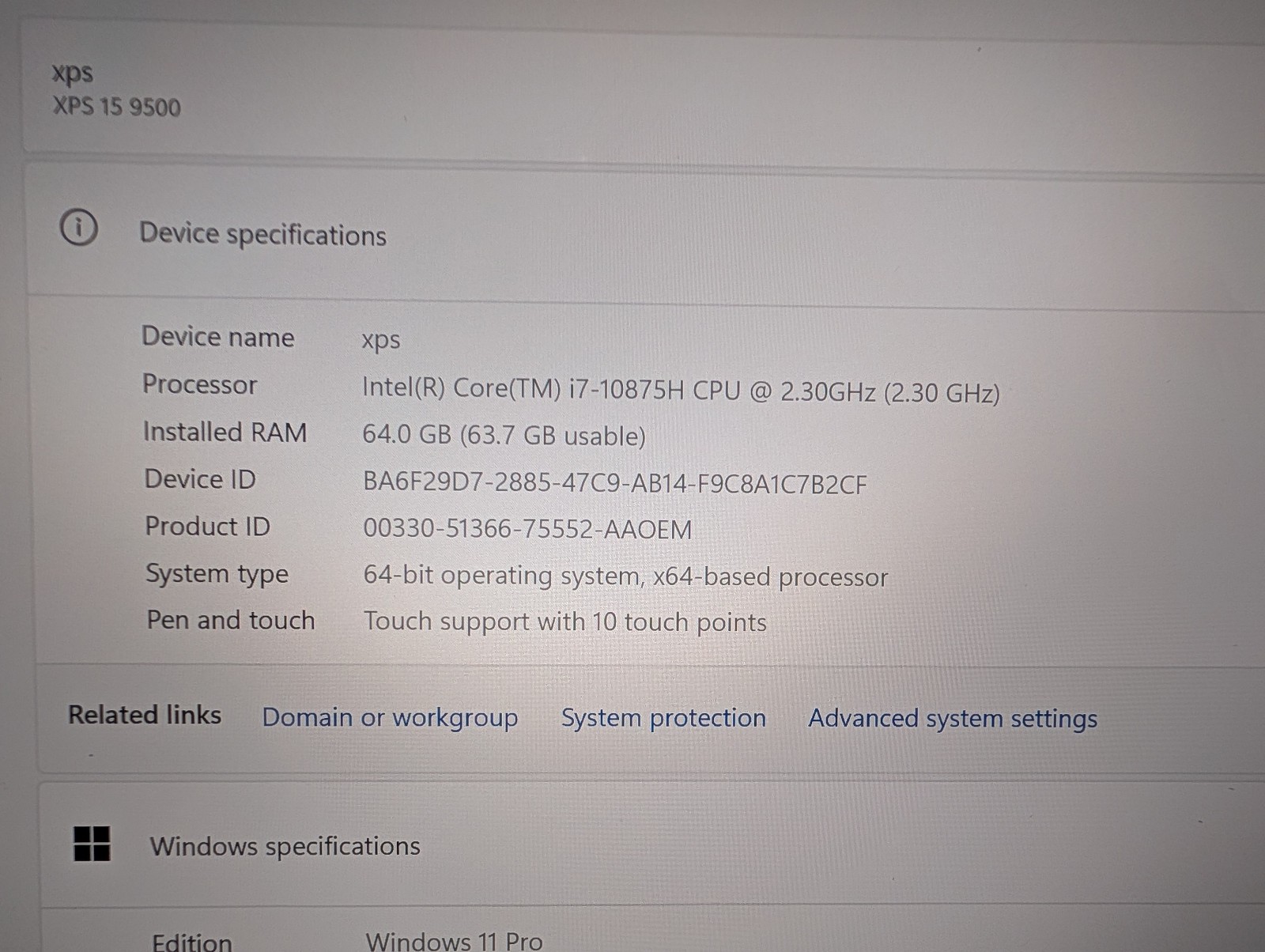 Dell XPS 15 9500 i7-10875H GTX 1650 Ti 64GB RAM 1TB Samsung EVO UHD Screen