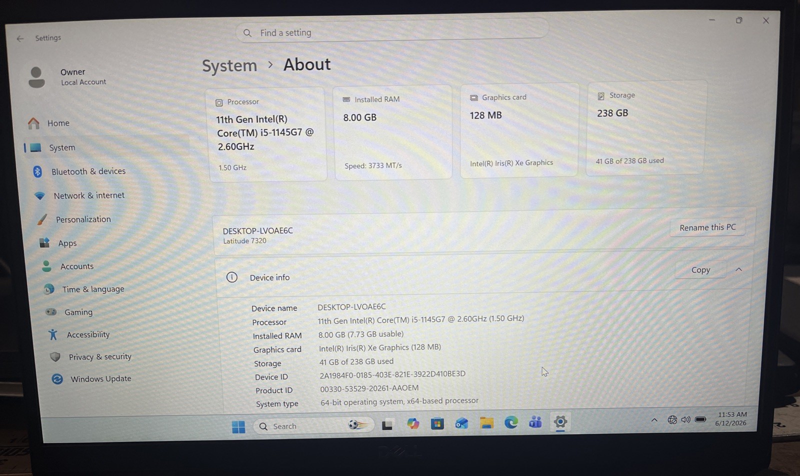 Dell Latitude 7320 13.3″ i5-1145G7@2.6GHz, 8GB RAM, 256GB M2, Win 11 Pro