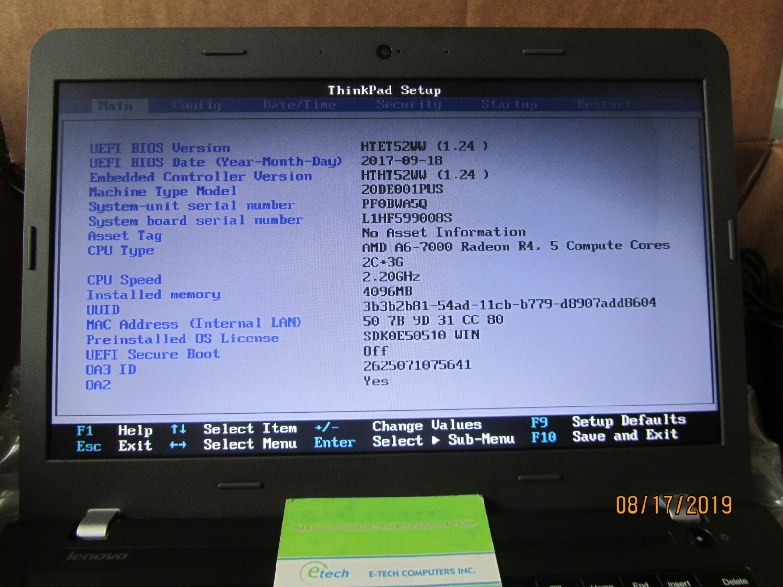 20DE001PUS ThinkPad E455 AMD A6-7000 4GB RAM 500GB HD 14.0″ HD Win7 Pro Win10