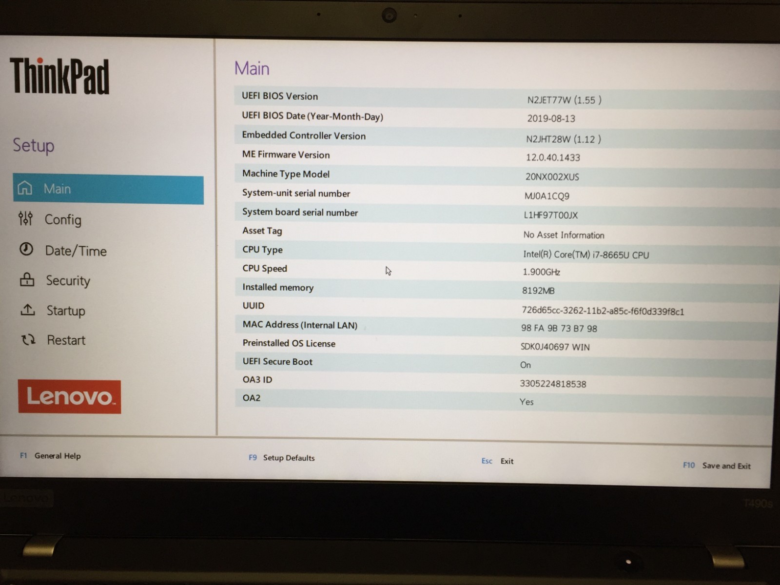 Lenovo ThinkPad T490s 14″ FHD Laptop i7-8665U 1.9GHz 8GB RAM (No SSD/Battery)
