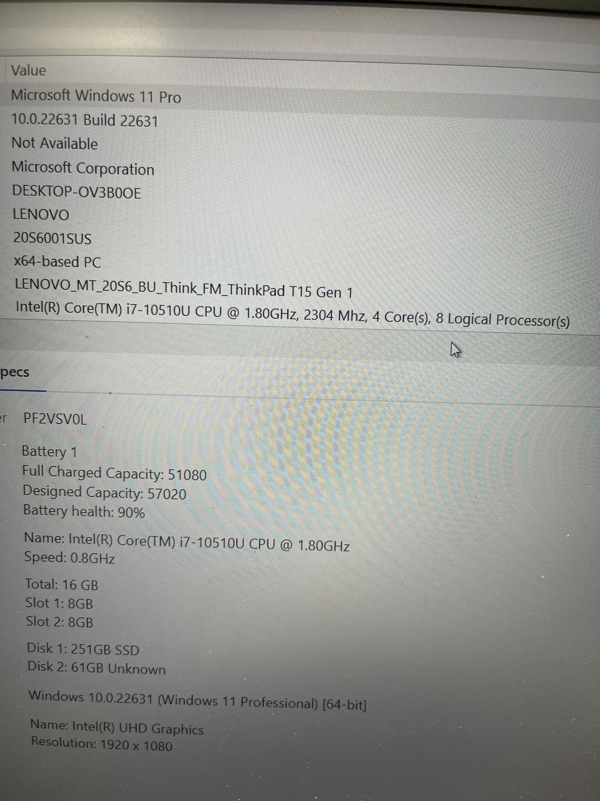 Lenovo Thinkpad T15 Gen 1 15.6” i7-10510U 16GB RAM 256GB SSD Intel UHD Graphics