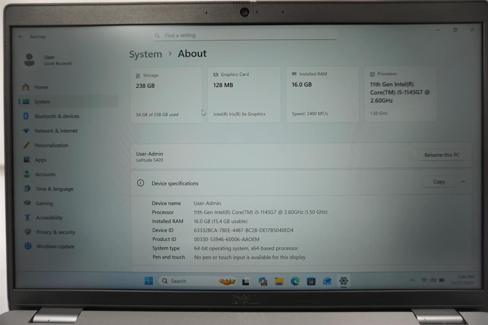 Dell Latitude 5420 14″ Intel Core i5-1145G7 2.60GHz 16GB 256G Laptop