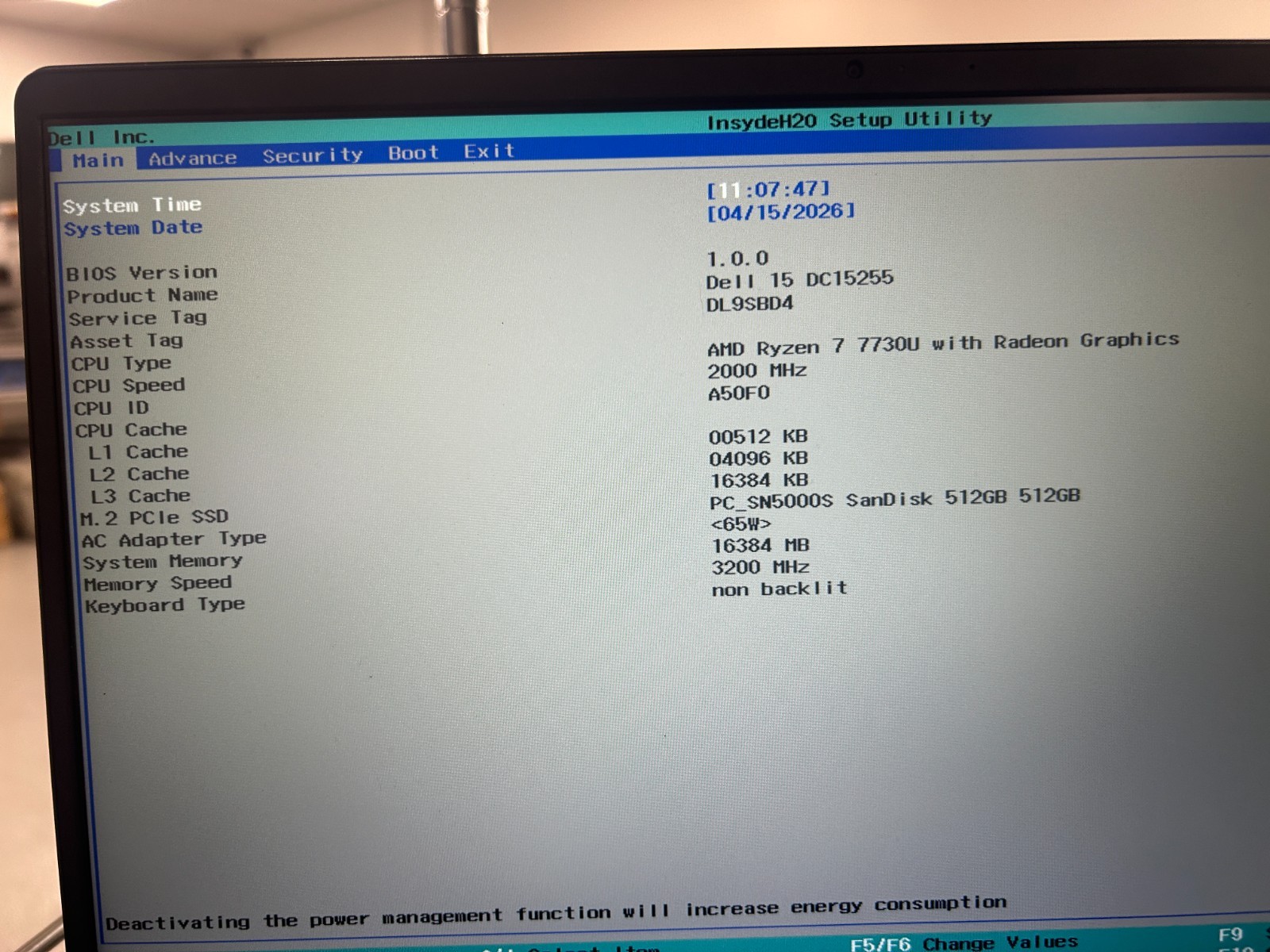 DELL 15 DC15255 G8MK9, AMD Ryzen 7 7730U, 2.00 GHz, 16 GB RAM, 512 GB NVMe SSD