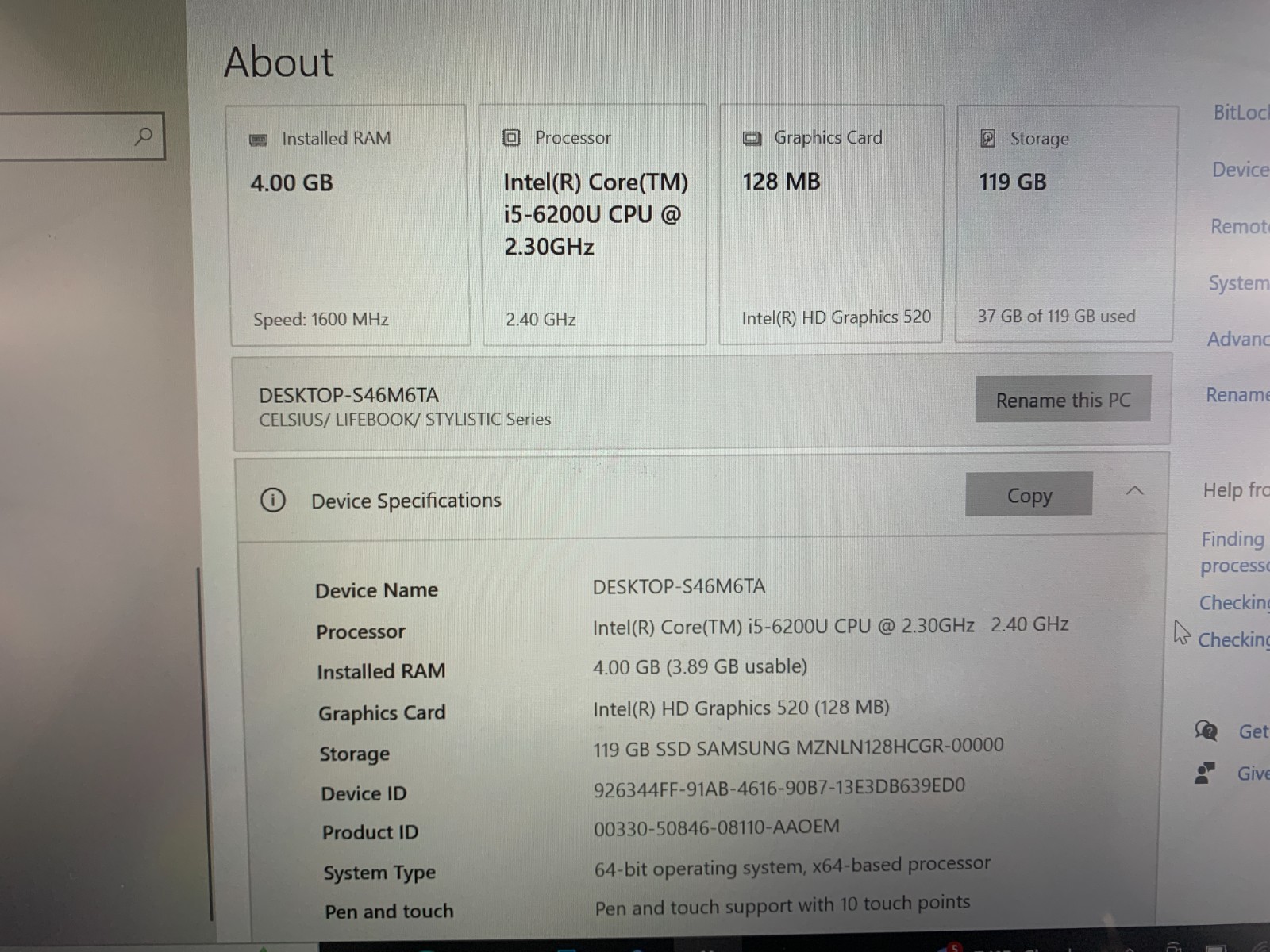 Fujitsu Stylistic Q736 Laptop Intel Core i5-6200U 2.3GHz, 4GB RAM 128GB SSD W10P