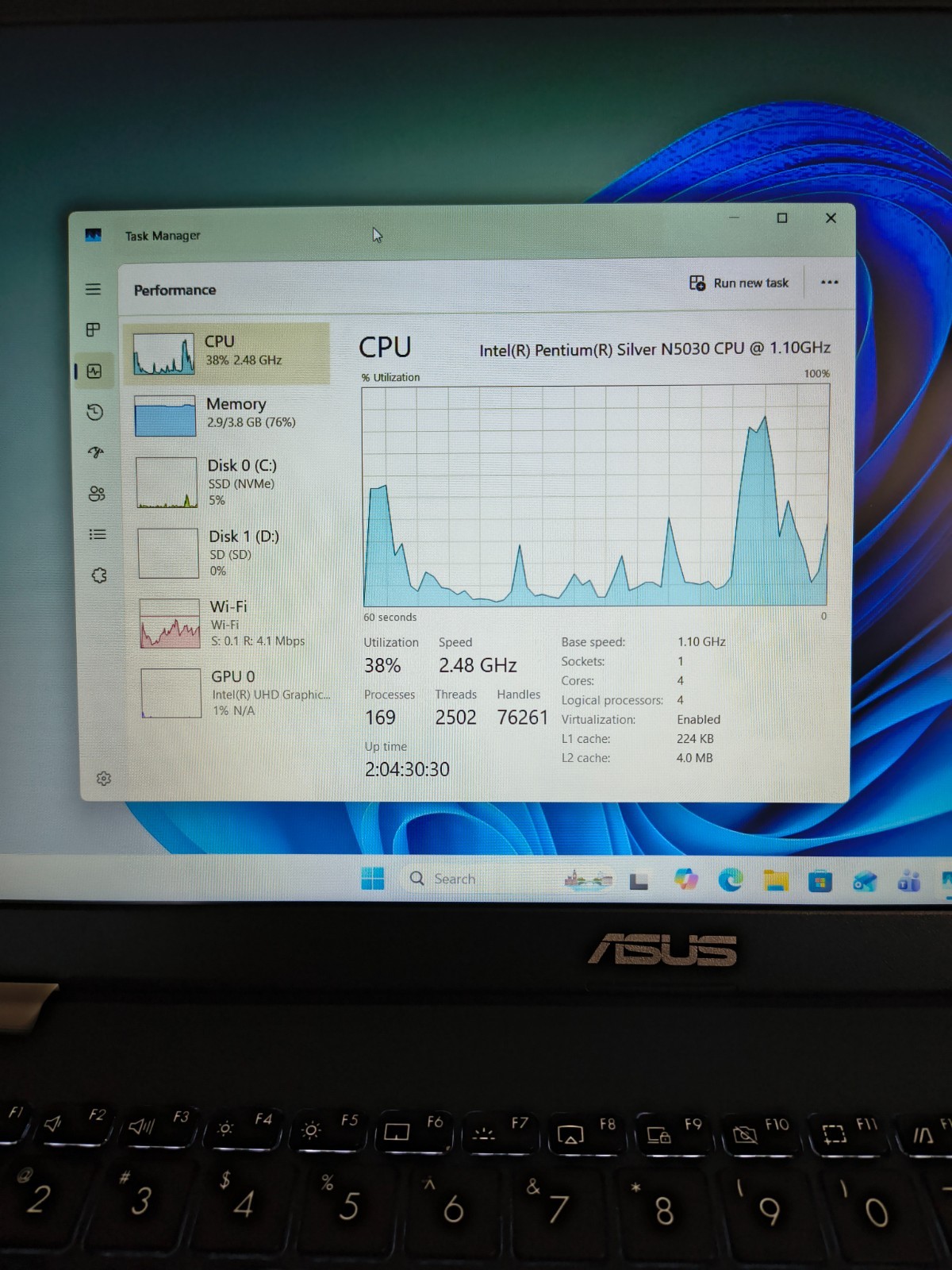 15.3″ ASUS L510M 4Core Pentium @1.1GHz 4GB 250GB NVMe SSD+128GB eMMC Wn11Hm BkLT