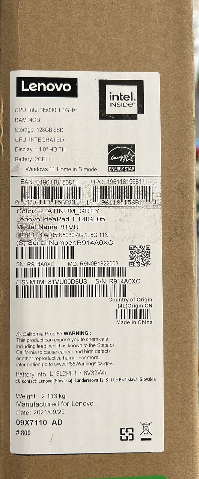 Lenovo Ideapad 1 14IGL05 128ssd, 4gb Ram, As Is For Parts. *READ*