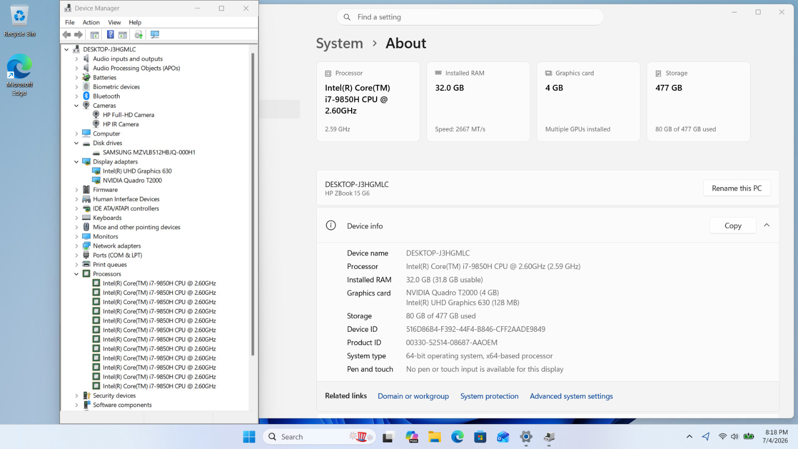 HP Zbook 15 G6 15.6″ FHD i7-9850H 32GB 512GB NVIDIA Quadro T2000 4GB – Excellent