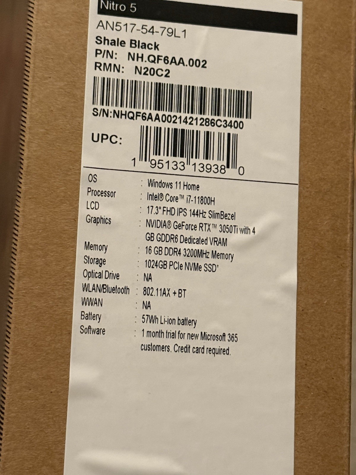Acer Nitro 5 17.3″ FHD i7-11800H 16GB 1TB SSD RTX 3050 Ti Black