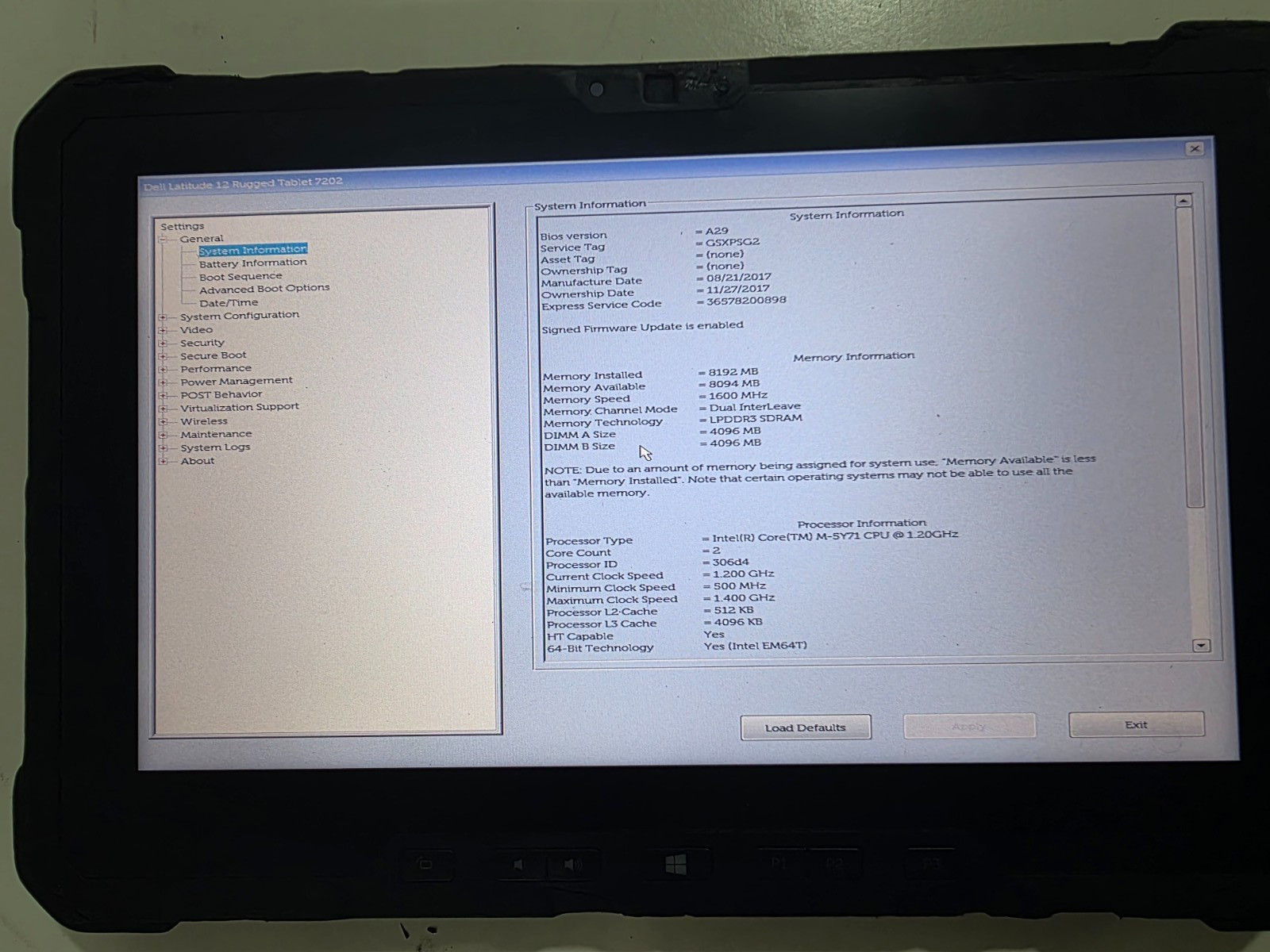 Dell Latitude 12 Rugged Tablet 7202 Intel Core M-5Y71 CPU 8GB 128GB M.2 Win10 En