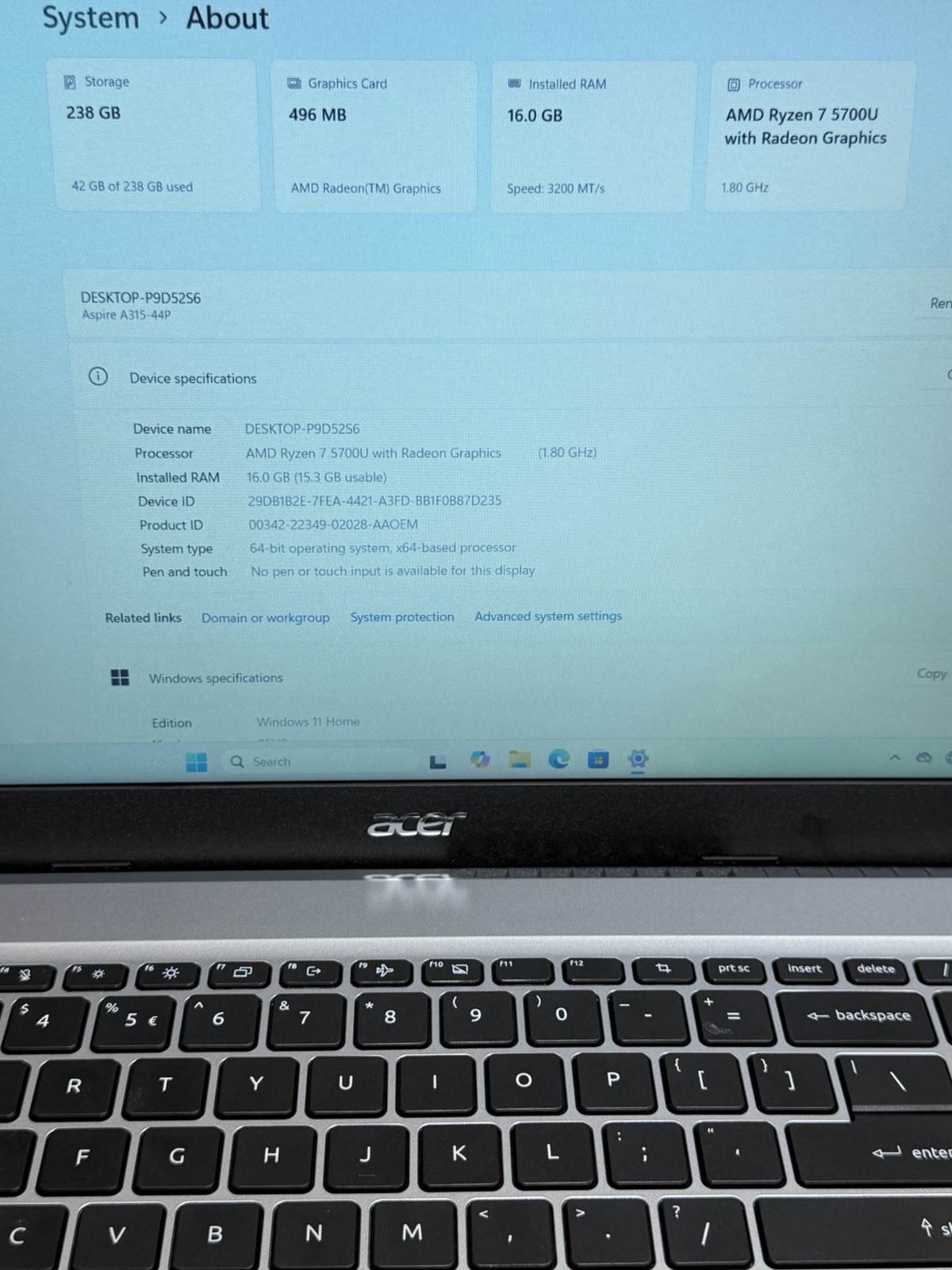 Acer Aspire 3 15 15.6″ Laptop Ryzen 7 5700U 16GB RAM 256GB Win-11