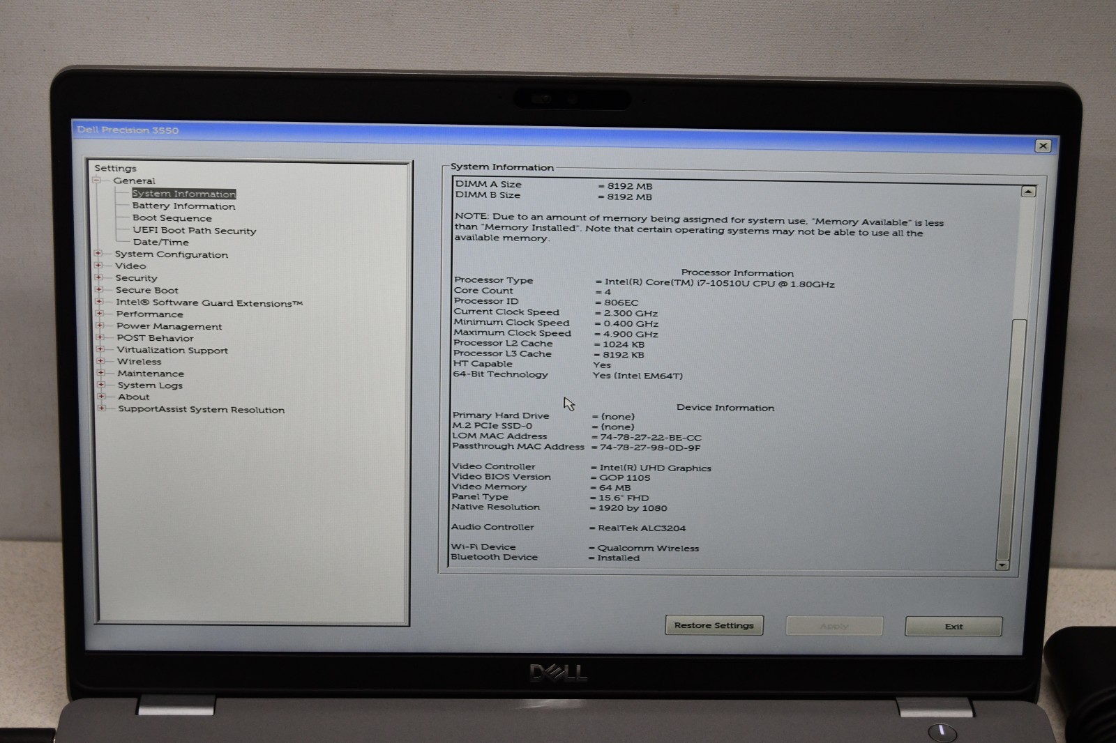 ^ Dell Precision 3550 15.6″ Intel i7-10510U @ 1.80GHz 16GB Ram No HD #X6997