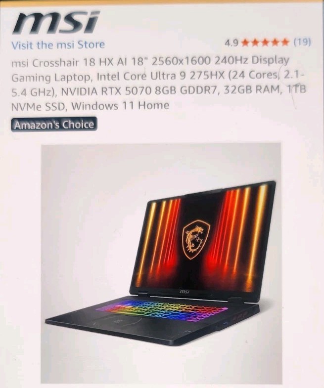 MSI Crosshair 18 HX AI A2XWGKG-012US 18″ Gaming Laptop QHD U9-275HX 5070 1TB