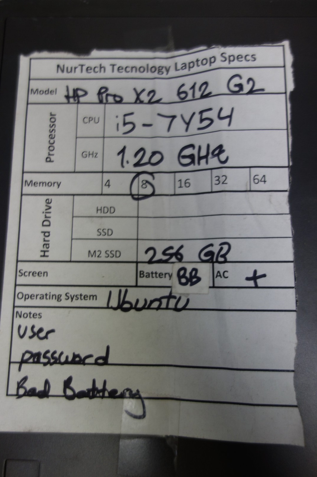 HP Pro x2 612 G2 12″ i5-7Y54 1.2GHz 8GB/256GB m2 SSD UBUNTU Tablet [BAD BTRY]AC