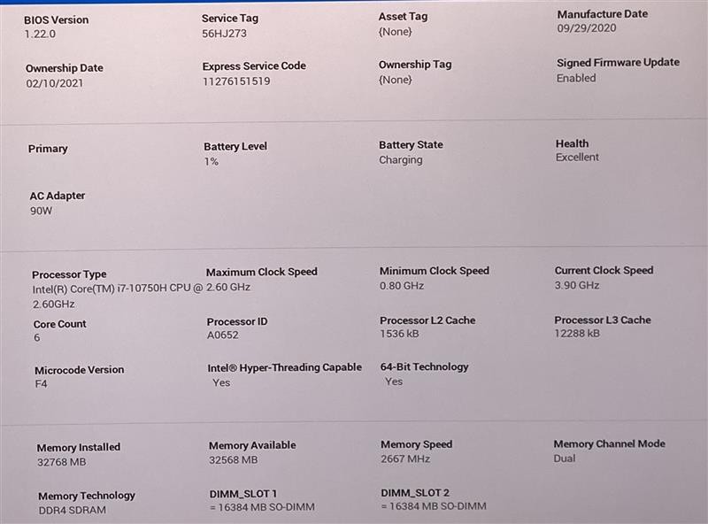 DELL XPS 15 9500 15.6″ I7 2.6GHz 32GB RAM 512GB SSD – Grade D