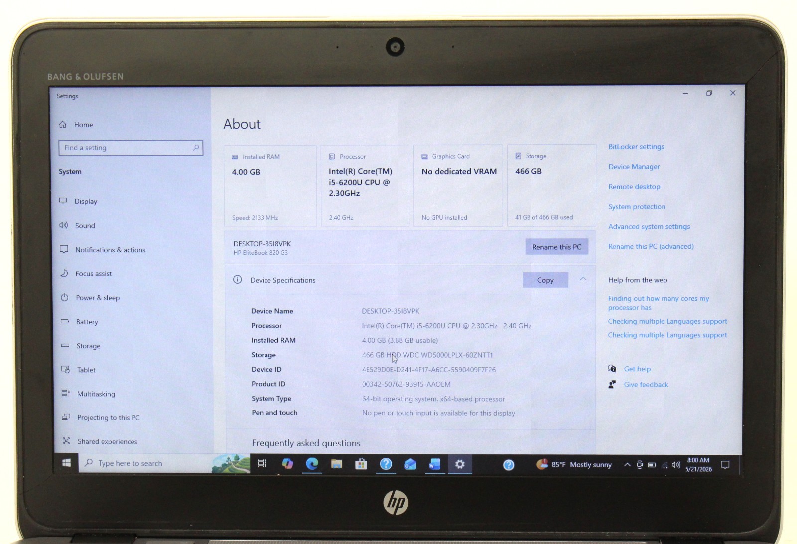 HP Elitebook 820 G3 12.5″ 2.3GHz i5-6200U 500GB HDD 4GB RAM Win 10 Pro ; 6181342