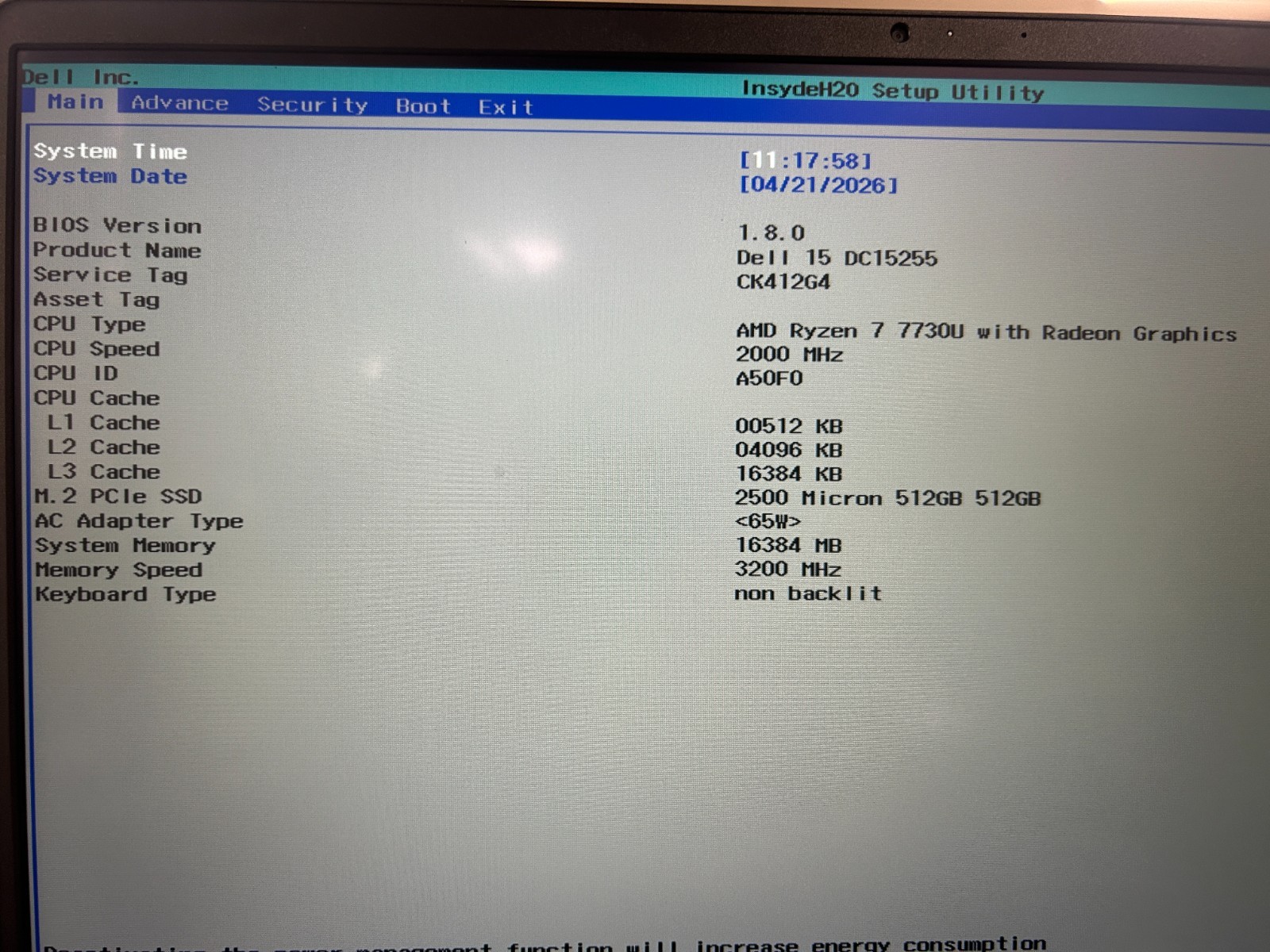 DELL 15 DC15255 G8MK9, AMD Ryzen 7 7730U, 2.00 GHz, 16 GB RAM 512 GB NVMe