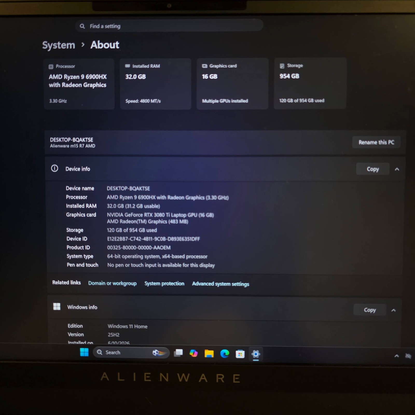Alienware M15 R7 240Hz 1440P Ryzen 9 6900HX 32GB 1TB RTX 3080Ti 150W 16G DDR6