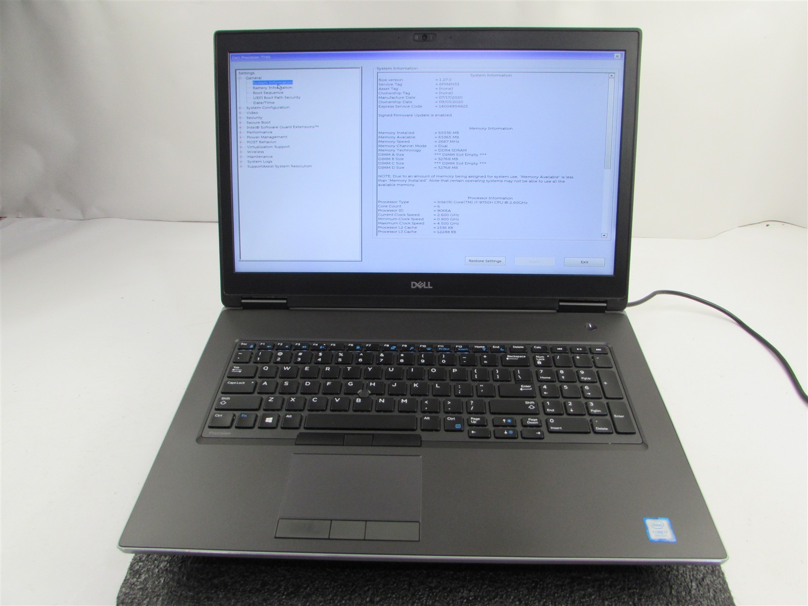 DELL PRECISION 7740 17.3″ I7-9750H NO SSD 64GB RAM NVIDIA RTX 4000 NO O.S