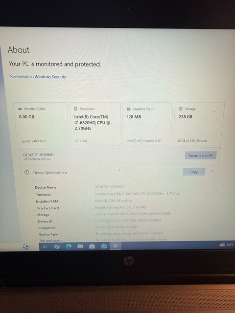 HP ProBook 650 G2 i7-6820HQ 256GB SSD 8GB RAM (No Charger Included)