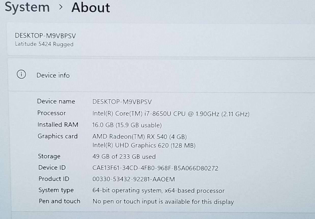 Dell Latitude 5424 Rugged i7-8650U 16GB RAM 250GB SSD RADEON RX 540 WIN 11 2XBAT