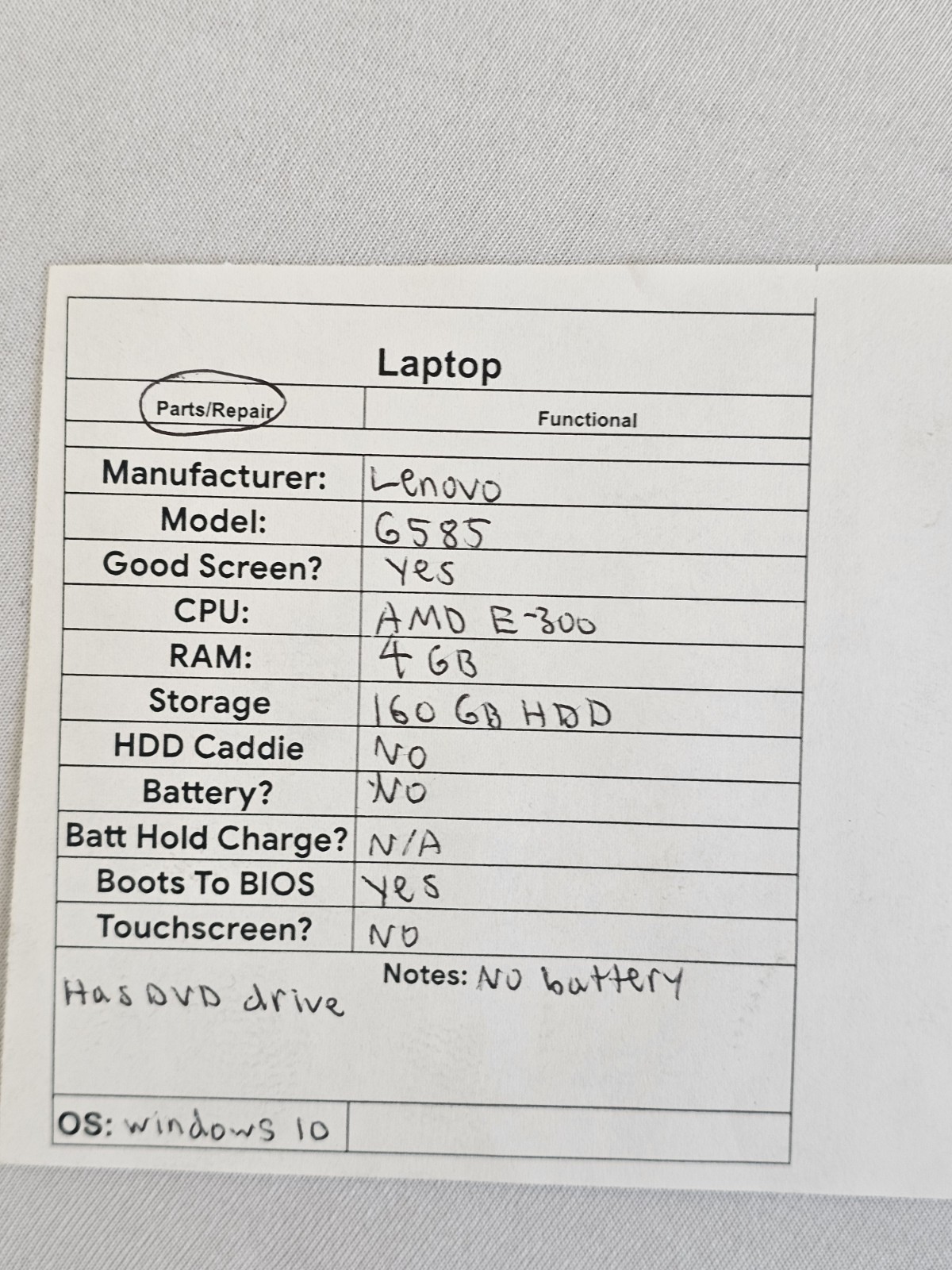 Lenovo G585 Laptop – AMD E-300 – 4GB RAM – 160GB HDD – NO BATTERY – Windows 10