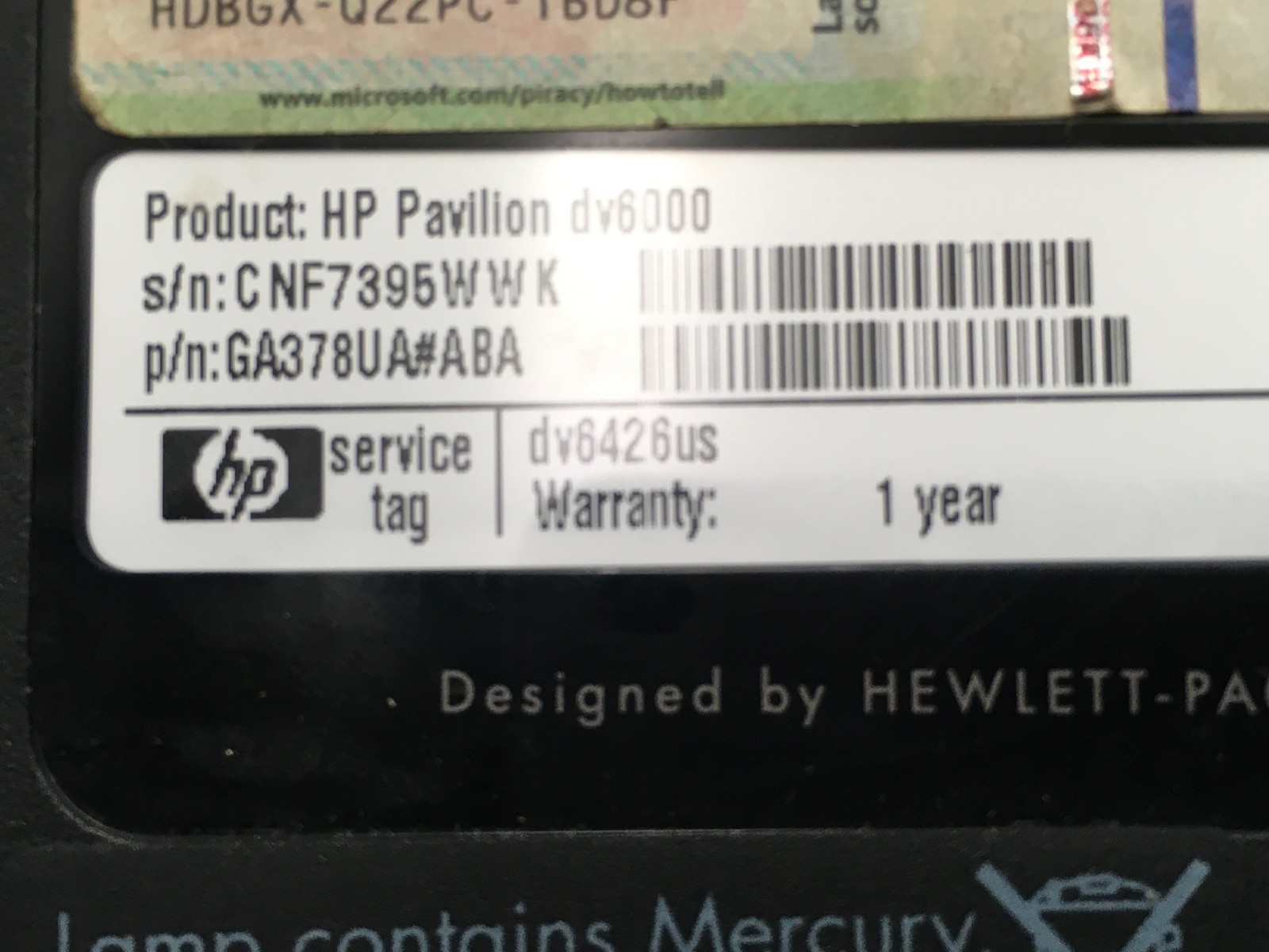 HP PAVILION DV6000 – BOOTS TO BIOS – INTEL CORE DUO T2450 – 1GB RAM – READ – BB