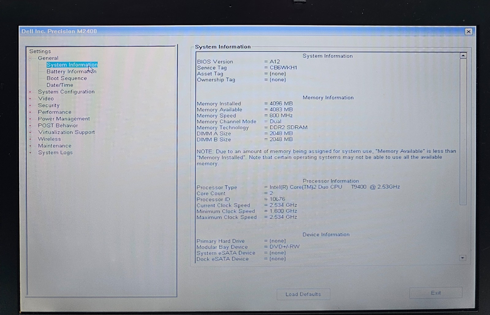 Dell Precision M2400 Laptop Intel Core 2 Duo T9400 4GB Ram NO HD/OS (FL)