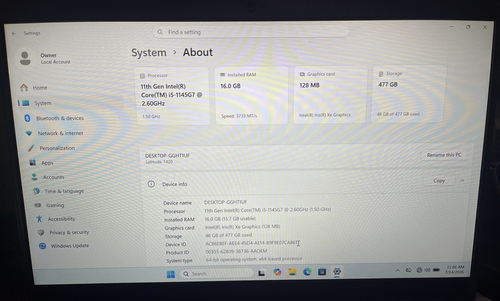 Dell Latitude 7420 14″ i5-1145G7@2.6GHz, 16GB RAM, 512GB M2, Win 11 Pro *READ*