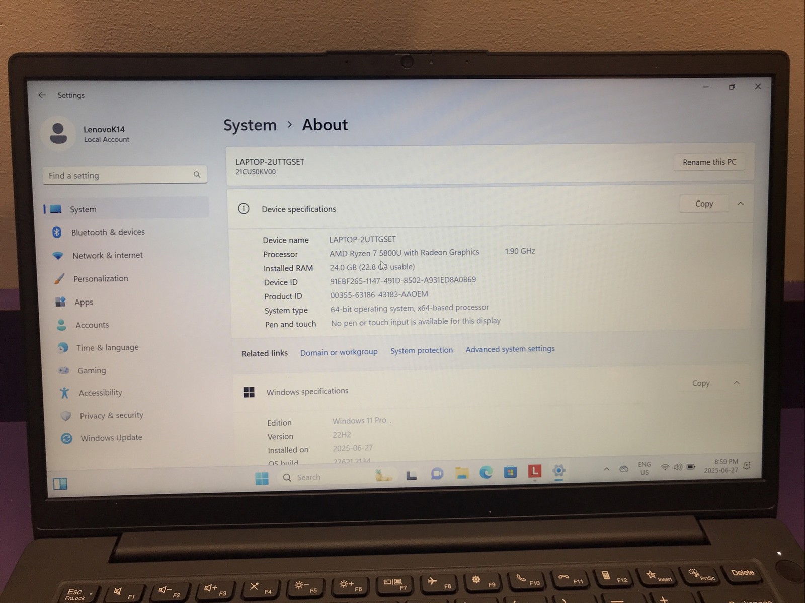 Lenovo K14 Gen1 AMD Ryzen 7 5800U 24GB RAM 256GB SSD 14″ Win 11 Pro